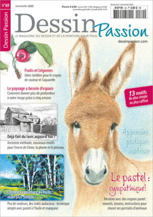 L'illustration montre la page de couverture du numéro 81 de le magazine Dessin Passion. Le motif principal est l'âne dessiné aux crayons pastel. Dans la marge de gauche, vous trouverez des cerises aux crayons de couleur, ainsi qu'une maison avec un paysage dessiné à l'encre et à la plume, et un paysage dessiné avec des traits audacieux au pastel à l'huile.
