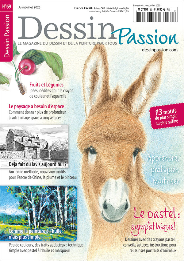 L'illustration montre la page de couverture du numéro 81 de le magazine Dessin Passion. Le motif principal est l'âne dessiné aux crayons pastel. Dans la marge de gauche, vous trouverez des cerises aux crayons de couleur, ainsi qu'une maison avec un paysage dessiné à l'encre et à la plume, et un paysage dessiné avec des traits audacieux au pastel à l'huile.
