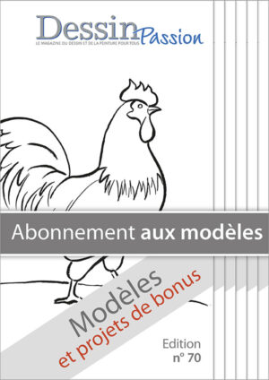 L'illustration montre l'image du produit pour l'abonnement aux modèles de dessin avec un coq comme motif principal, tiré du numéro 71 du magazine Dessin Passion.