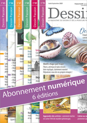L'illustration montre les numéros 65 à 70 du magazine Dessin Passion empilés les uns sur les autres. En diagonale, on aperçoit un ruban coloré portant l'inscription « Abonnement numérique ».