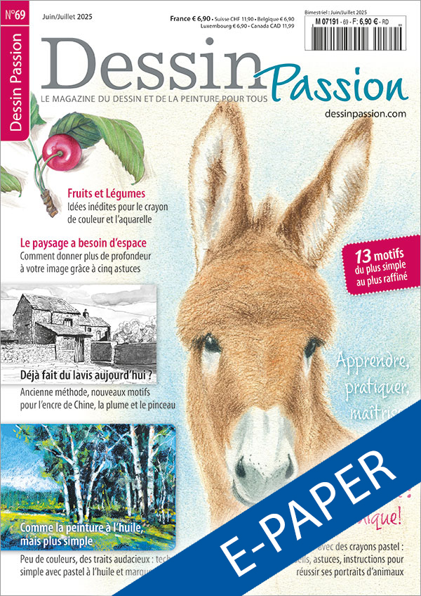 L'illustration montre la page de couverture du numéro 81 de le magazine Dessin Passion. Le motif principal est l'âne dessiné aux crayons pastel. Dans la marge de gauche, vous trouverez des cerises aux crayons de couleur, ainsi qu'une maison avec un paysage dessiné à l'encre et à la plume, et un paysage dessiné avec des traits audacieux au pastel à l'huile.