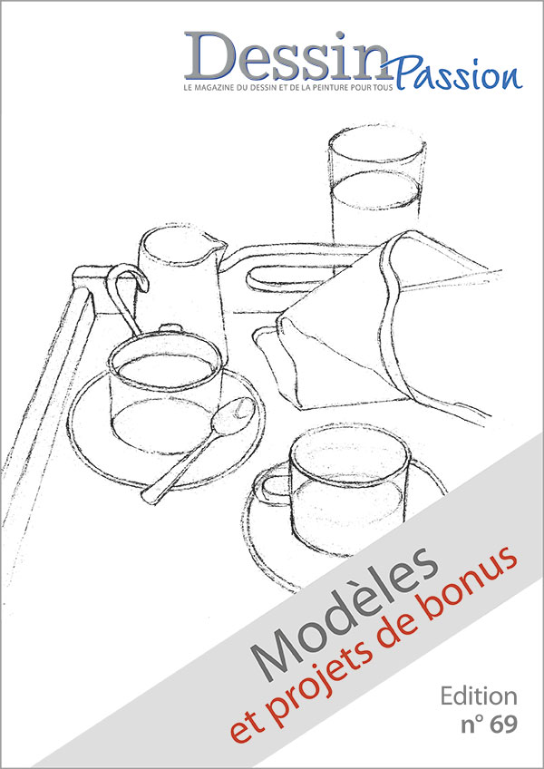 L’image montre le titre du PDF "Modèles et projects de bonus" du magazine Dessin Passion n° 69 avec le dessin préparatoire du projet de dessin « Pause café », qui montre un plateau avec deux tasses, un pichet, un verre et une serviette en tissu.