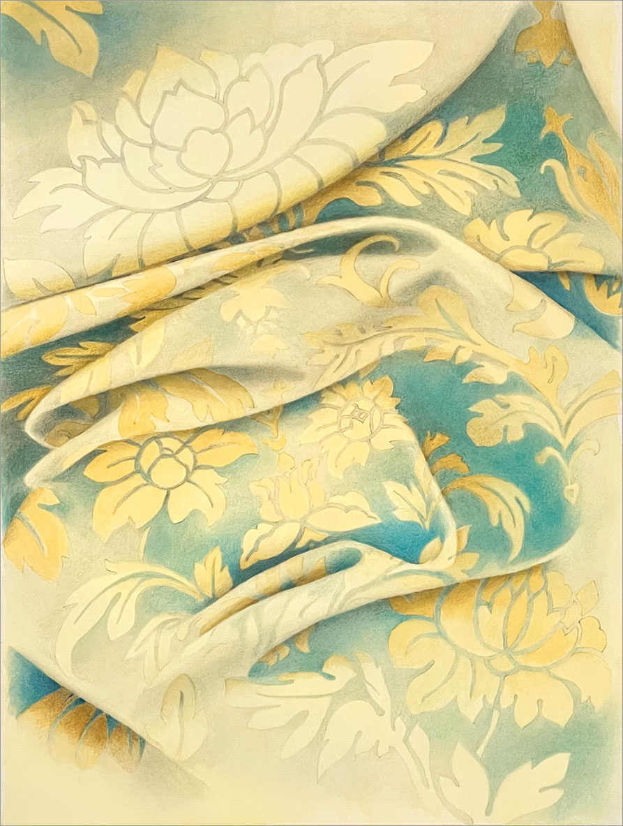 L'illustration montre une nappe turquoise avec des motifs floraux jaunes. L'image a été réalisée à l'aide d'une technique mixte associant aquarelle et hachures au crayon. Publiée dans le numéro 70 du magazine Dessin Passion
