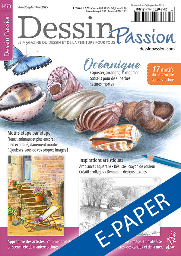 L'illustration montre la couverture du l'édition numérique du numéro 70 du magazine Dessin Passion. Le motif principal est une nature morte représentant des coquillages dessinés au crayon de couleur. En haut à gauche, on aperçoit un papillon, également dessiné au crayon de couleur. L'image en bas à gauche dépeint une ambiance estivale avec une chaise longue, un livre et un chapeau devant un mur de maison en briques avec une porte et un escalier, ainsi que des fleurs dans plusieurs pots peintes à l'aquarelle. Le dessin au crayon à droite représente un paysage de prairie.