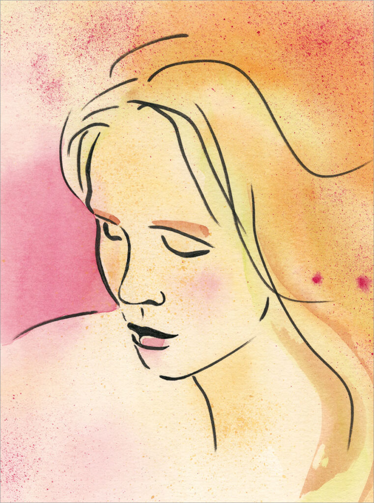 L'illustration montre le portrait d'une jeune femme dessiné avec les lignes dynamiques d'un brush pen. L'arrière-plan est réalisé à l'aquarelle. Les touches mouchetées sont appliquées à l'aide d'une vieille brosse à dents.