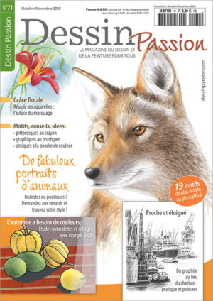 L'illustration montre la couverture du numéro 83 du magazine Dessin Passion. Le motif principal est un portrait réaliste d'un renard dessiné au crayon de couleur. Les autres motifs sont : un lys peint à l'aquarelle, un collage avec des citrouilles et une vue du port dessinée au crayon avec intensité.