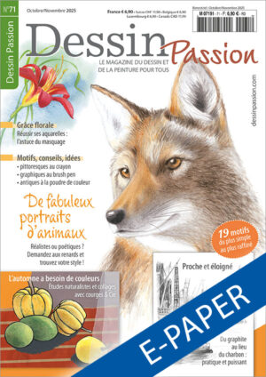 L'illustration montre la couverture du numéro 83 de l'édition numérique du magazine Dessin Passion. Le motif principal est un portrait réaliste d'un renard dessiné au crayon de couleur. Les autres motifs sont : un lys peint à l'aquarelle, un collage avec des citrouilles et une vue du port dessinée au crayon avec intensité.