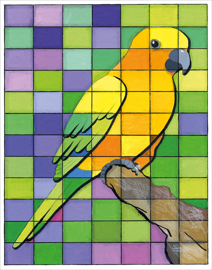 L'illustration montre une représentation graphique d'un perroquet sur un fond coloré à quadrillage rectangulaire. Peint avec des couleurs opaques et complété avec un pinceau noir.