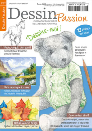 L'illustration représente la couverture du numéro 72 de l'édition numérique du magazine Dessin Passion. Le motif principal est un ours en peluche dessiné au crayon et au crayon de couleur. Les autres motifs sont un cheval au galop dessiné au crayon, un paysage de montagne avec un lac peint à l'aquarelle, ainsi qu'une nature morte graphique composée de feuilles d'érable peintes à l'aquarelle et de détails au crayon de couleur.