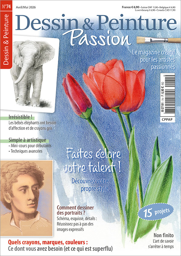L'illustration montre la couverture du numéro 74 du magazine « Dessin et Peinture Passion ». Le motif principal est constitué de tulipes rouges sur fond bleu, peintes et dessinées selon une technique mixte associant aquarelle et crayons de couleur. Sur le bord gauche de la couverture figure un dessin au crayon représentant un bébé éléphant, ainsi qu'un portrait d'un jeune homme réalisé à la craie de couleur sur du papier pastel beige.