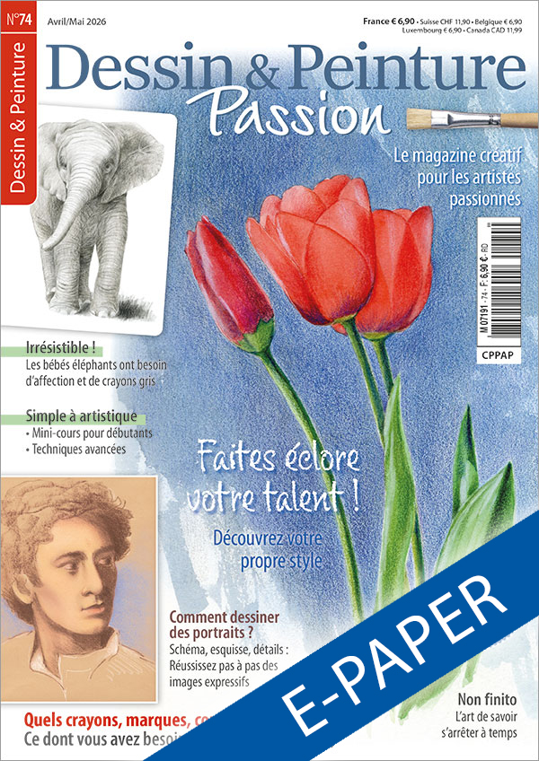 L'illustration montre la couverture de l'édition numérique du numéro 74 du magazine « Dessin et Peinture Passion ». Le motif principal est constitué de tulipes rouges sur fond bleu, peintes et dessinées selon une technique mixte associant aquarelle et crayons de couleur. Sur le bord gauche de la couverture figure un dessin au crayon représentant un bébé éléphant, ainsi qu'un portrait d'un jeune homme réalisé à la craie de couleur sur du papier pastel beige.